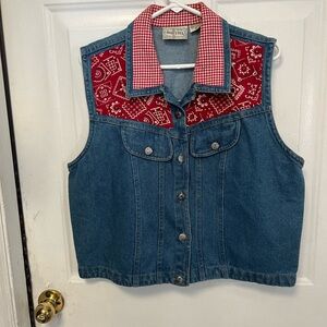 Rosettes vintage Denim Vest with Red Checkered Accents size xl